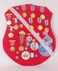 Medaljer. Skjoldformet plate med idrettsmerker. Merkene er medaljer, buttons, pins og strykemerker.