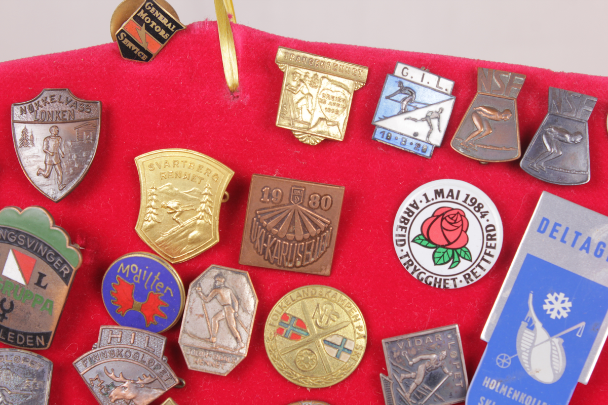 Skjoldformet plate med idrettsmerker. Merkene er pins og medaljer. 

Merkene kommer fra:
Svartbergrennet
Nøkkelvasslonken
UKI-karusellen
Folkelandskampen på ski
1. mai 1984
Finnskogløpet
General Motors
Galterud idrettslag
Holmenkollen skifestival
Odalsløpet
Norsk skiforbund
Solør-Odalsrennet
Vidarløpet
Kongsvingermarsjen
Norgesmarsjen
Hvamseterrennet
Norges Fotballforbund kretsmesterskap
Jubileumstrimmen 1982