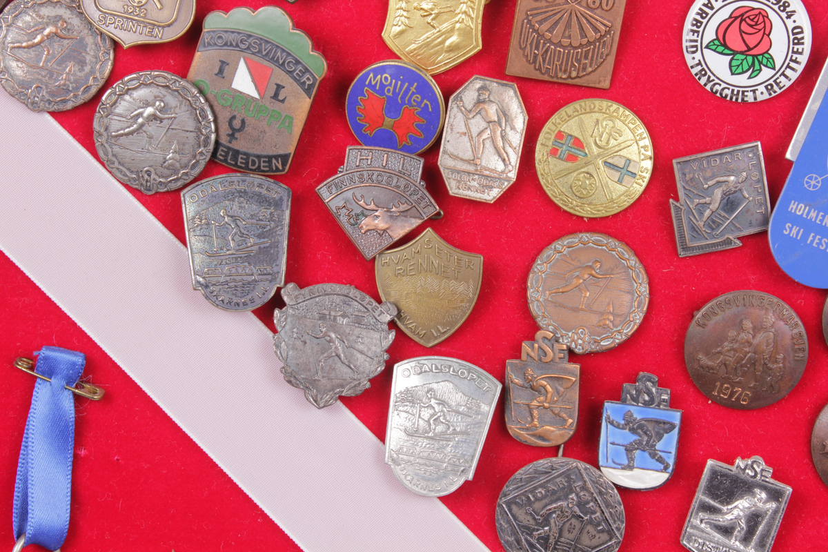 Skjoldformet plate med idrettsmerker. Merkene er pins og medaljer. 

Merkene kommer fra:
Svartbergrennet
Nøkkelvasslonken
UKI-karusellen
Folkelandskampen på ski
1. mai 1984
Finnskogløpet
General Motors
Galterud idrettslag
Holmenkollen skifestival
Odalsløpet
Norsk skiforbund
Solør-Odalsrennet
Vidarløpet
Kongsvingermarsjen
Norgesmarsjen
Hvamseterrennet
Norges Fotballforbund kretsmesterskap
Jubileumstrimmen 1982