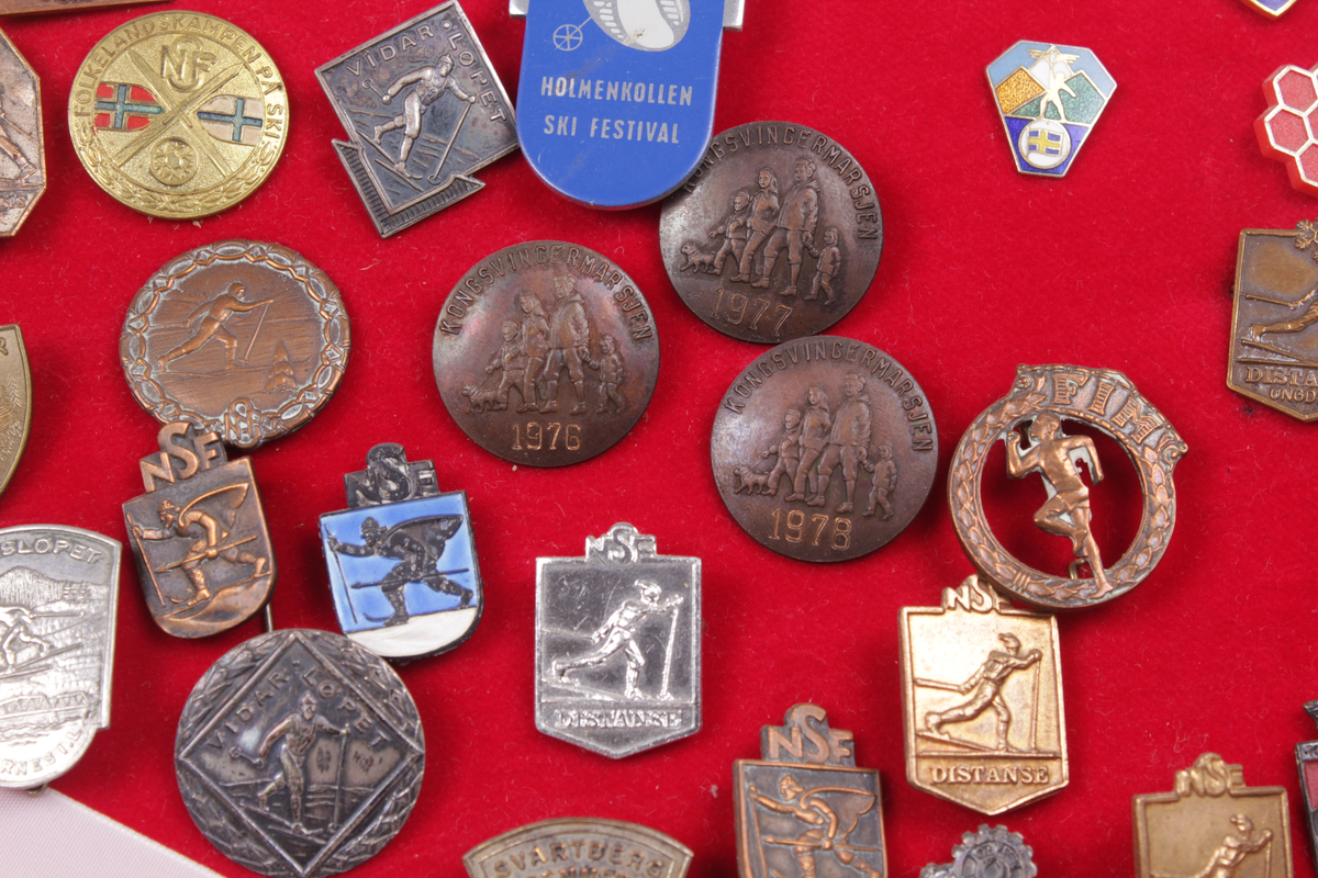 Skjoldformet plate med idrettsmerker. Merkene er pins og medaljer. 

Merkene kommer fra:
Svartbergrennet
Nøkkelvasslonken
UKI-karusellen
Folkelandskampen på ski
1. mai 1984
Finnskogløpet
General Motors
Galterud idrettslag
Holmenkollen skifestival
Odalsløpet
Norsk skiforbund
Solør-Odalsrennet
Vidarløpet
Kongsvingermarsjen
Norgesmarsjen
Hvamseterrennet
Norges Fotballforbund kretsmesterskap
Jubileumstrimmen 1982