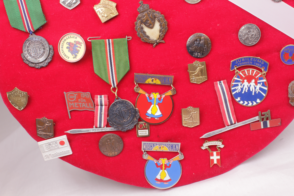 Skjoldformet plate med idrettsmerker. Merkene er pins og medaljer. 

Merkene kommer fra:
Svartbergrennet
Nøkkelvasslonken
UKI-karusellen
Folkelandskampen på ski
1. mai 1984
Finnskogløpet
General Motors
Galterud idrettslag
Holmenkollen skifestival
Odalsløpet
Norsk skiforbund
Solør-Odalsrennet
Vidarløpet
Kongsvingermarsjen
Norgesmarsjen
Hvamseterrennet
Norges Fotballforbund kretsmesterskap
Jubileumstrimmen 1982
