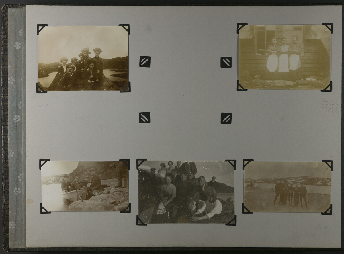 Fotografiene er limt på sider av stiv kartong. Fotografiene er fra Haugesunds fjell-lags første år med aktiviteter.