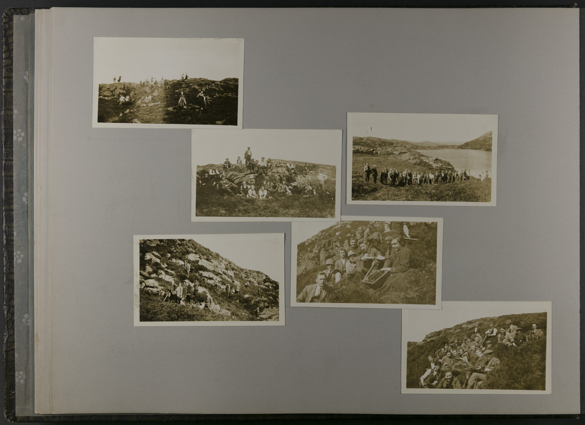 Fotografiene er limt på sider av stiv kartong. Fotografiene er fra Haugesunds fjell-lags første år med aktiviteter.
