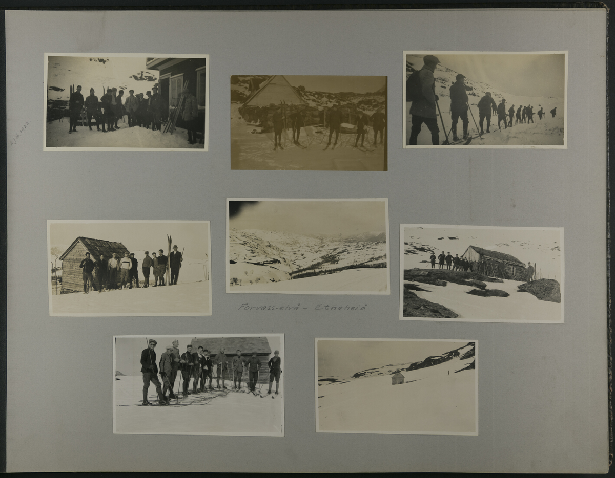 Fotografiene er limt på sider av stiv kartong. Fotografiene er fra Haugesunds fjell-lags første år med aktiviteter.