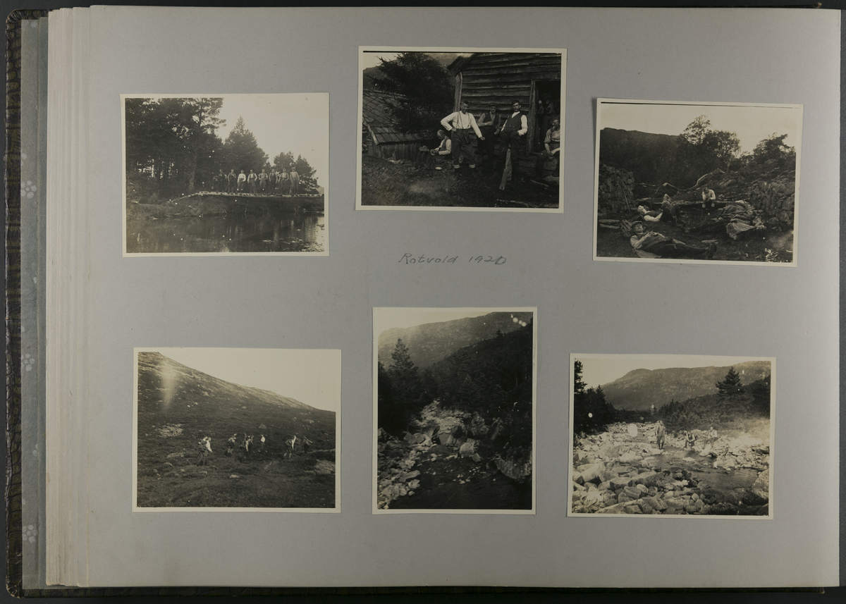 Fotografiene er limt på sider av stiv kartong. Fotografiene er fra Haugesunds fjell-lags første år med aktiviteter.
