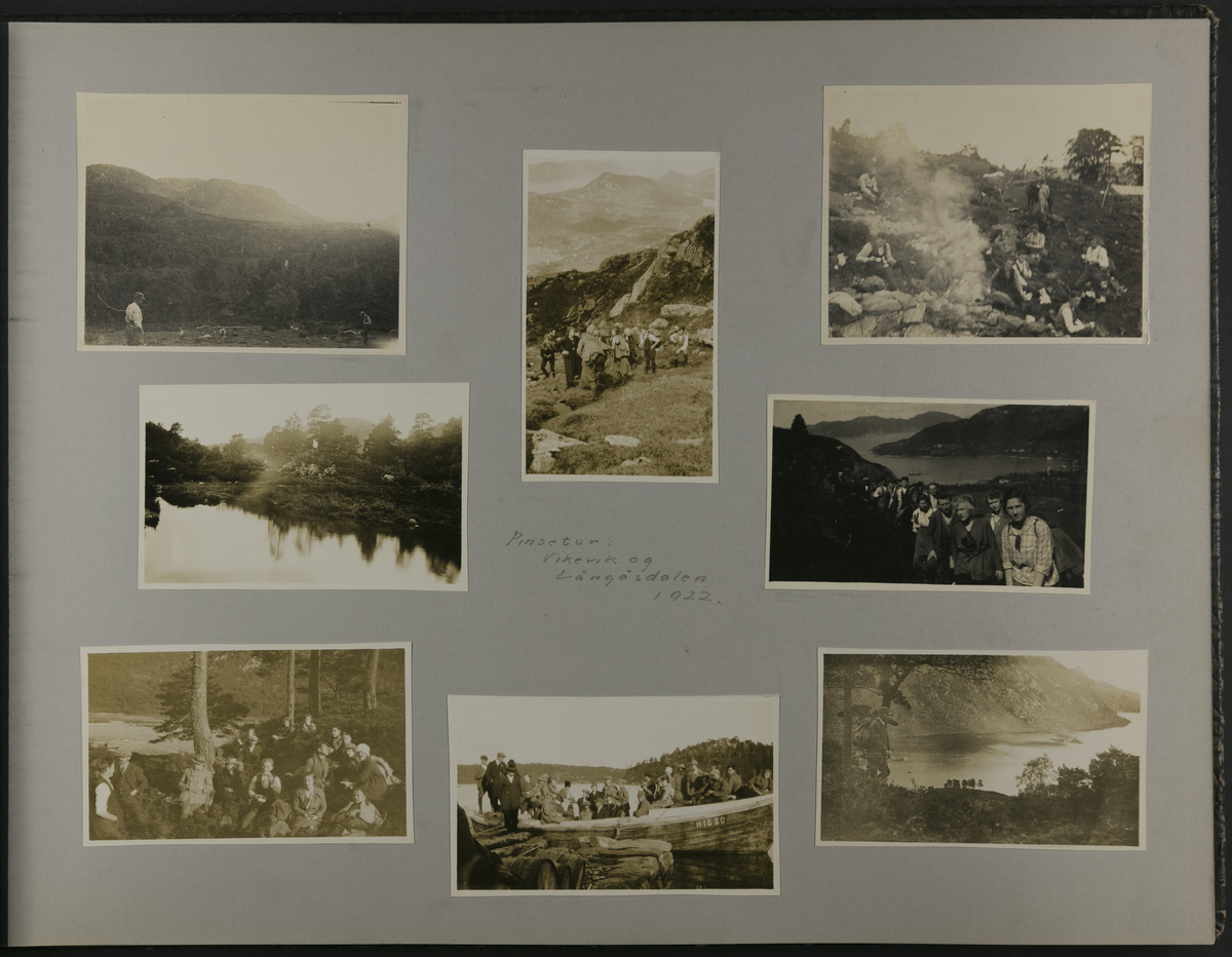 Fotografiene er limt på sider av stiv kartong. Fotografiene er fra Haugesunds fjell-lags første år med aktiviteter.