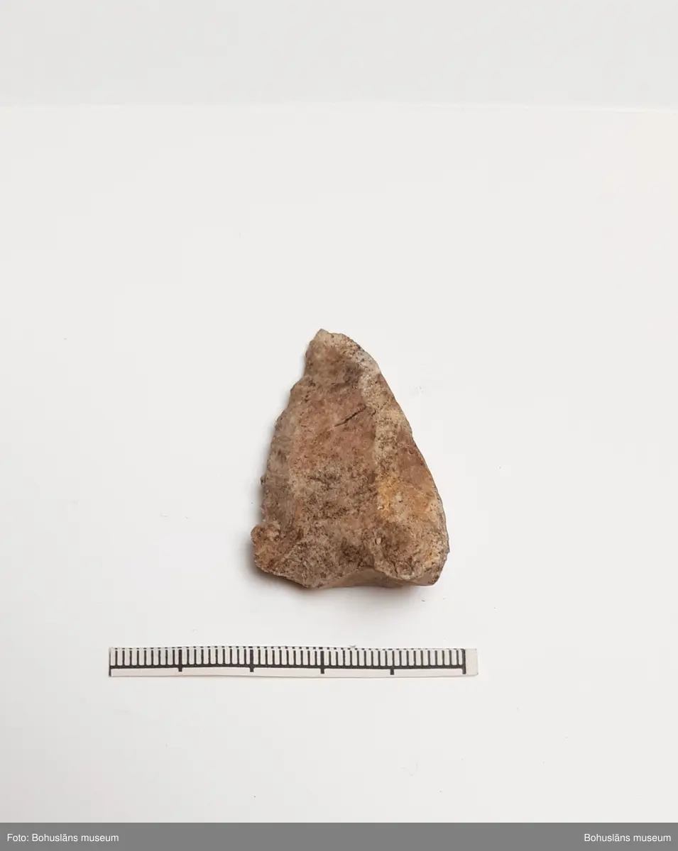 Tresidigt, spetsigt avslag med retusch längs en sida.

Landskap: Bohuslän