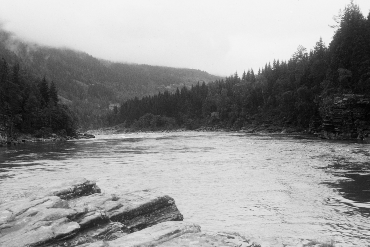 Elvelandskap fra nedre del av Gudbrandsdalslågen, nærmere bestemt fra den cirka fire kilometer lange strekningen mellom Hunderfossen og Isakstuøra, som på dette tidspunktet, i 1961, lå ved kommunegrensa mellom Øyer og Fåberg (Fåberg ble sammenslått med Lillehammer i 1964). Fotografiet er tatt i medstrøms retning fra en bergnabb i elveløpet med kameraet vendt i medstrøms retning. Elveløpet i forgrunnen var forholdsvis bredt og relativt stilleflytende, men nedenfor skimter vi noe større fall og et stryk med kvite skumtopper. Ved elvebredden til høyre aner vi en tømmerkonstruksjon, sannsynligvis et teinelag. I terrenget langs vassdraget var det granskog som dominerte vegetasjonsbildet. Dette fotografiet ble tatt på et tidspunkt da bygginga av elvekraftverket ved den ovenforliggende Hunderfossen var i gang, antakelig for å dokumentere fløtingsforholdene før reguleringsprosjektet ble realisert. En tilsvarende bildeserie ble også tatt i 1959, men på et tidspunkt med litt annen vannføring. Forholdene da dette fotografiet ble tatt beskrives slik i en tekst i et av Glomma fellesfløtingsforenings album: «Notater fra Befaring, Lågen, Isakstuøren-Hunderfos 3/8-61 med vannføring 403 m3/sek., målt i Losna. (Ment som supplement til Hollums forutgående undersøkelser på vannføring 252 m3/sek. – foregående sider).» Om akkurat dette fotografiet heter det at det … «Svarer til Hollums nr. 14, men er tatt lenger ovenfra».