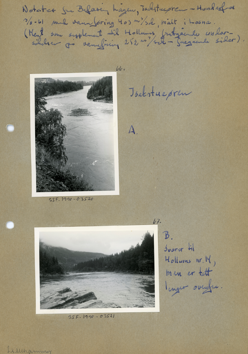 Elvelandskap fra nedre del av Gudbrandsdalslågen, fotografert sommeren 1961. Bildet skal være fra Isakstuøra, en lokalitet som hadde navn etter et bruk som lå daværende kommunegrense mellom Fåberg og Øyer på østsida av vassdraget, anslagsvis fire kilometer nedenfor Hunderfossen. Her var elva forholdsvis bredt og stilleflytende. En tømmerhaug som hadde bygd seg opp i midt i elveløpet tyder på at det var ei grunn ør under vannspeilet akkurat der. 

Dette fotografiet ble åpenbart tatt for å dokumentere fløtingsforholdene i vassderaget før utbygginga av den ovenforliggende Hunderfossen var realisert. I et av Glomma fellesfløtingsforenings album finner vi denne innskriften ved dette fotografiet: «Notater fra Befaring, Lågen, Isakstuøren - Hunderfoss 3/8-61 med vannfør 403 m3/sek., målt i Losna. (Ment som supplement til Hollums forutgående undersøkelser på vannføring 252 m3/sek. Foregående sider)»


Se GF43-049 - 065.
