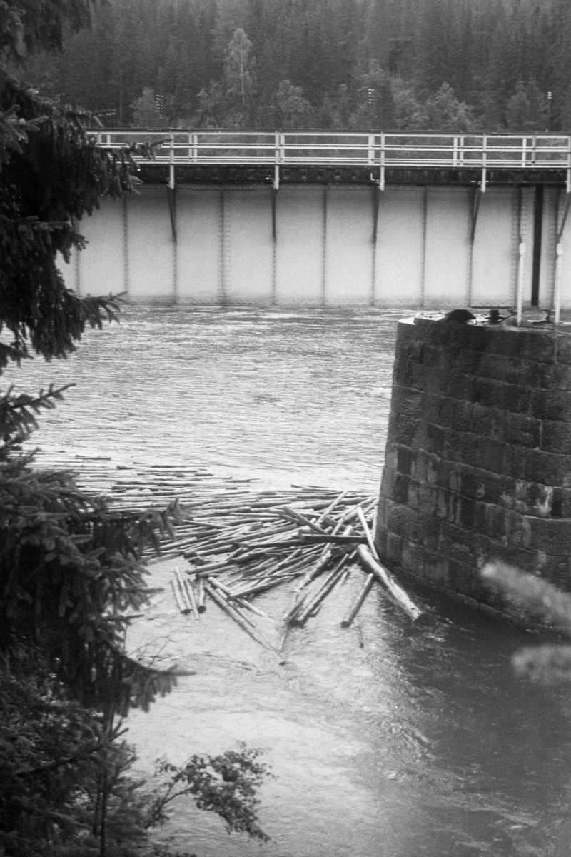 Detalj fra elvetopografien ved jernbanebrua på Hunder, like nedenfor Hunderfossen, sommeren 1961. Fotografiet er tatt fra i motstrøms retning fra en posisjon på elvebrinken på vestsida av elva - Baksida. Det viser hvordan fløtingstømmeret kunne samle seg på motstrøms side av brupilarene. Jernbanebrua på Hunder var ei bjelkebru av stål, som kvilte på pilarer som var forblendet med hoggen naturstein.

Dette fotografiet ble tatt i 1961, på et tidspunkt da bygginga av elvekraftverket ved den ovenforliggende Hunderfossen var i gang, antakelig for å dokumentere fløtingsforholdene før reguleringsprosjektet ble realisert. En tilsvarende bildeserie ble også tatt i 1959, men på et tidspunkt med litt annen vannføring. Forholdene da dette fotografiet ble tatt beskrives slik i en tekst i et av Glomma fellesfløtingsforenings album: «Notater fra Befaring, Lågen, Isakstuøren-Hunderfos 3/8-61 med vannføring 403 m3/sek., målt i Losna. (Ment som supplement til Hollums forutgående undersøkelser på vannføring 252 m3/sek. – foregående sider).» I Glomma fellesfløtingsforenings album er dette motivet kommentert slik: «På liten vannf. setter det sig på pillaren på baksiden også».