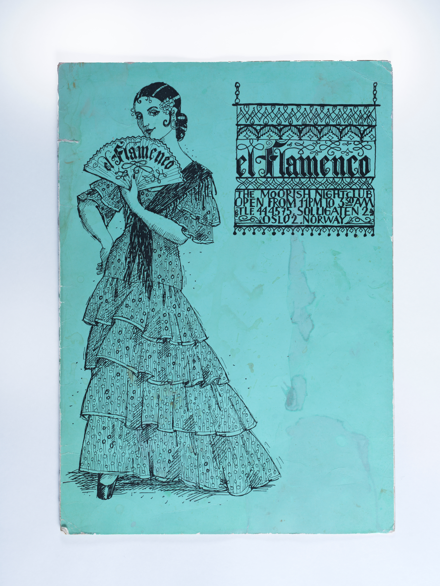 Drikkemeny for nattklubben El Flamenco, som en periode ble drevet sammen med restauranten La P'tite Cuisine. 
Tekst på forsiden og baksiden: 
El Flamenco
The moorish nightclub
open from 11pm to 330 am
tlf. 444575. Solligaten 2
Oslo 2 Norway