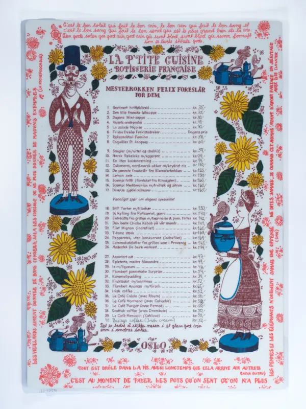 Laminert meny fra La P'tite Cuisine, spisekart med priser. 