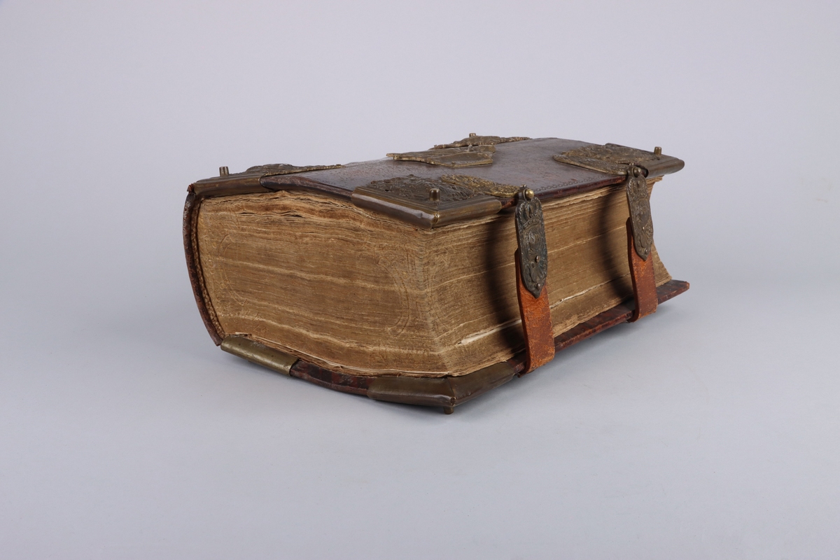 Bibel, marmorerat skinnband med upphöjda bind, dekorerad rygg. På framsida beslag i genombruten mässing med olika apostlar mitt på Moses med stentavlor. Omtag och lås med Karl XII monogram. Bibeln rymmer flertalet planscher och porträtt samt utvik med kartor.