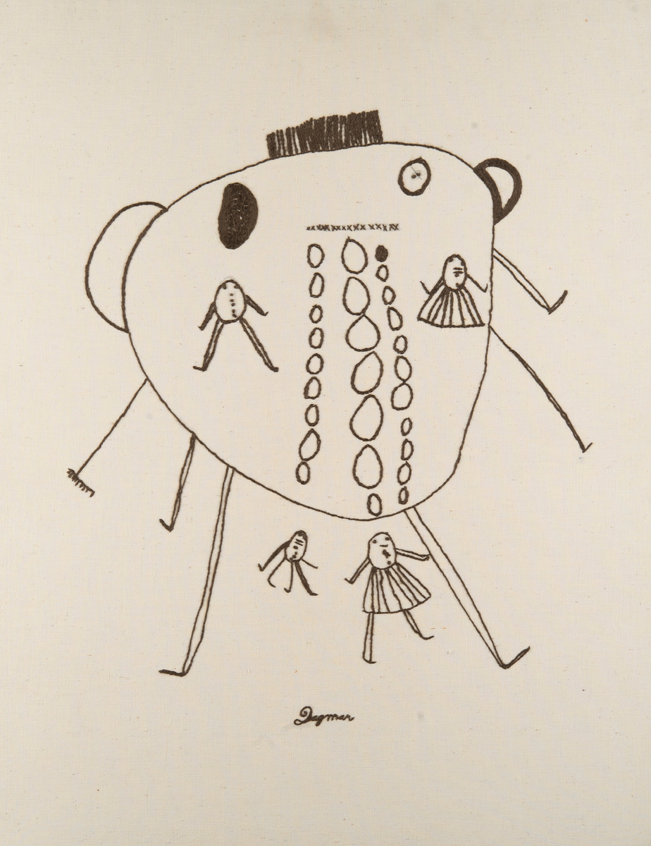 Broderad tavla, svart figur på bakgrund.