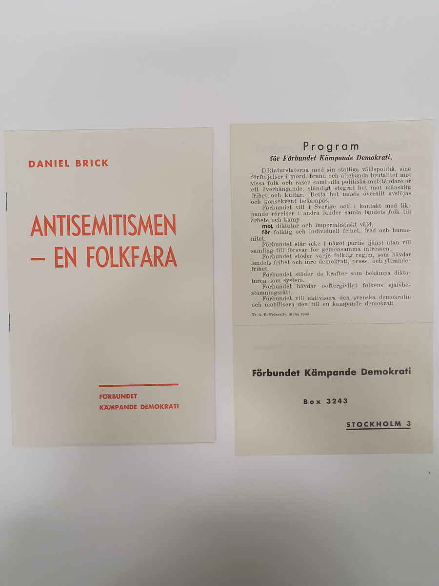 Häfte och blad. Daniel Brick. "Antisemitismen - en folkfara". Förbundet kämpande demokrati. 1943.