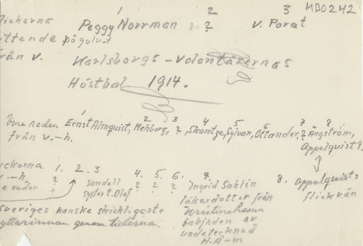 Volontärernas höstbal. Nio unga soldater i uniform m/1910 uppställda i en salong bakom sittande kvinnor.