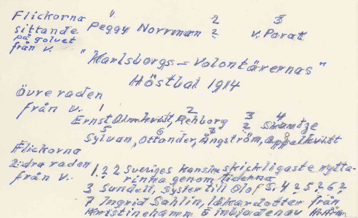 Volontärernas höstbal. Nio unga soldater i uniform m/1910 uppställda i en salong bakom sittande kvinnor.