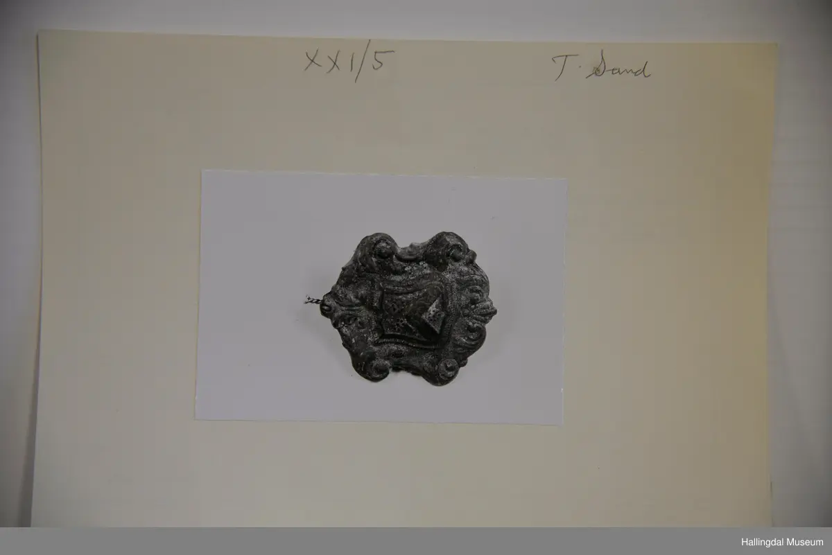 Form som byvåpen, støypt ornamentikk rundt (bladkrans). På baksida 4 naglar til å feste spennet.