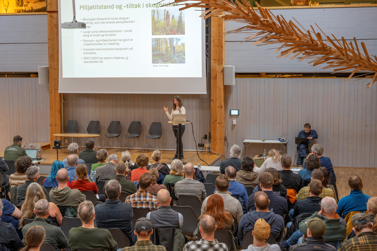 Skogsenterkonferansen 2025, som ble arrangert 19/3 2025 i regi av Besøkssenter skog på Anno Norsk skogmuseum i Elverum. Hanne K. Sjølie, førsteamanuensis Universitetet i Innlandet på scenen med foredraget "Effekter av skogbruk på biologisk mangfold".
 
Det overordnete spørsmålet for konferansen var «Har vi kontroll over bruk av skog?» Programmet besto av ni halvtimes innlegg fra aktører som representerte instanser med noe ulike interesser knyttet til skogen og skogbruket. Journalisten Trond Berg var ordstyrer og avrundet konferansen med en panelsamtale med representantene for skogeierorganisasjonene Norskog og Glommen Mjøsen Skog, miljøorganisasjonen SABIMA og det juridiske selskapet Holth & Winge. Arrangementet samlet cirka 120 deltakere i Skogmuseets sentralhall. I tillegg var det et betydelig antall som fulgte innleggene, som ble strømmet, digitalt.

Besøkssenter skog er finansiert av Miljødirektoratet. En sentral oppgave for senteret er å fremme forståelse for behovet for skogvern og bærekraftig skogforvaltning.