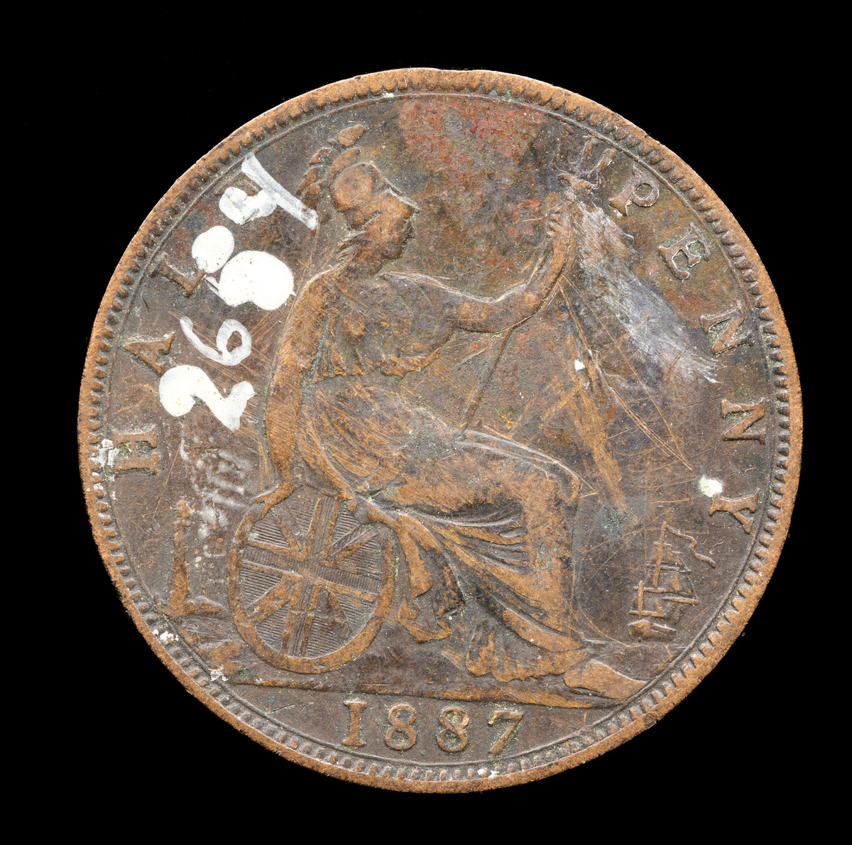 1/2 penny, England, 1887. 002652-002664 (klassifikation 22:2) på samma katalogkort. "Diverse utländska mynt". 