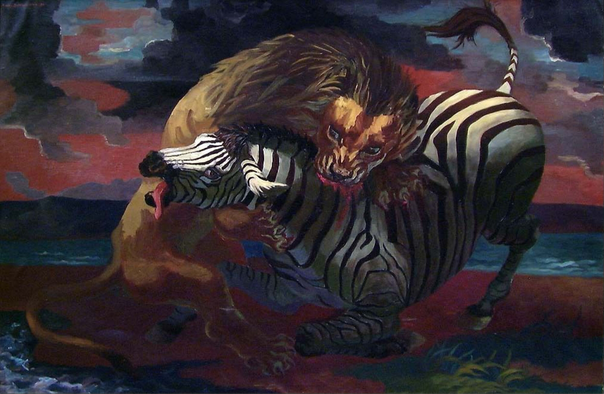 Løve og sebra [Maleri]