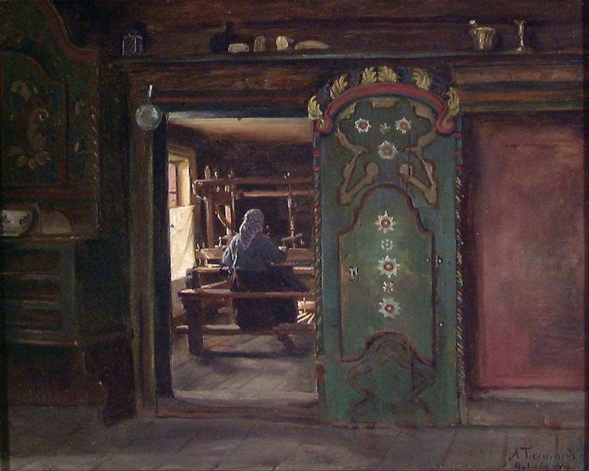 Kone ved vevstol, Gulsvik [Maleri]