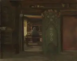 Kone ved vevstol, Gulsvik [Maleri]