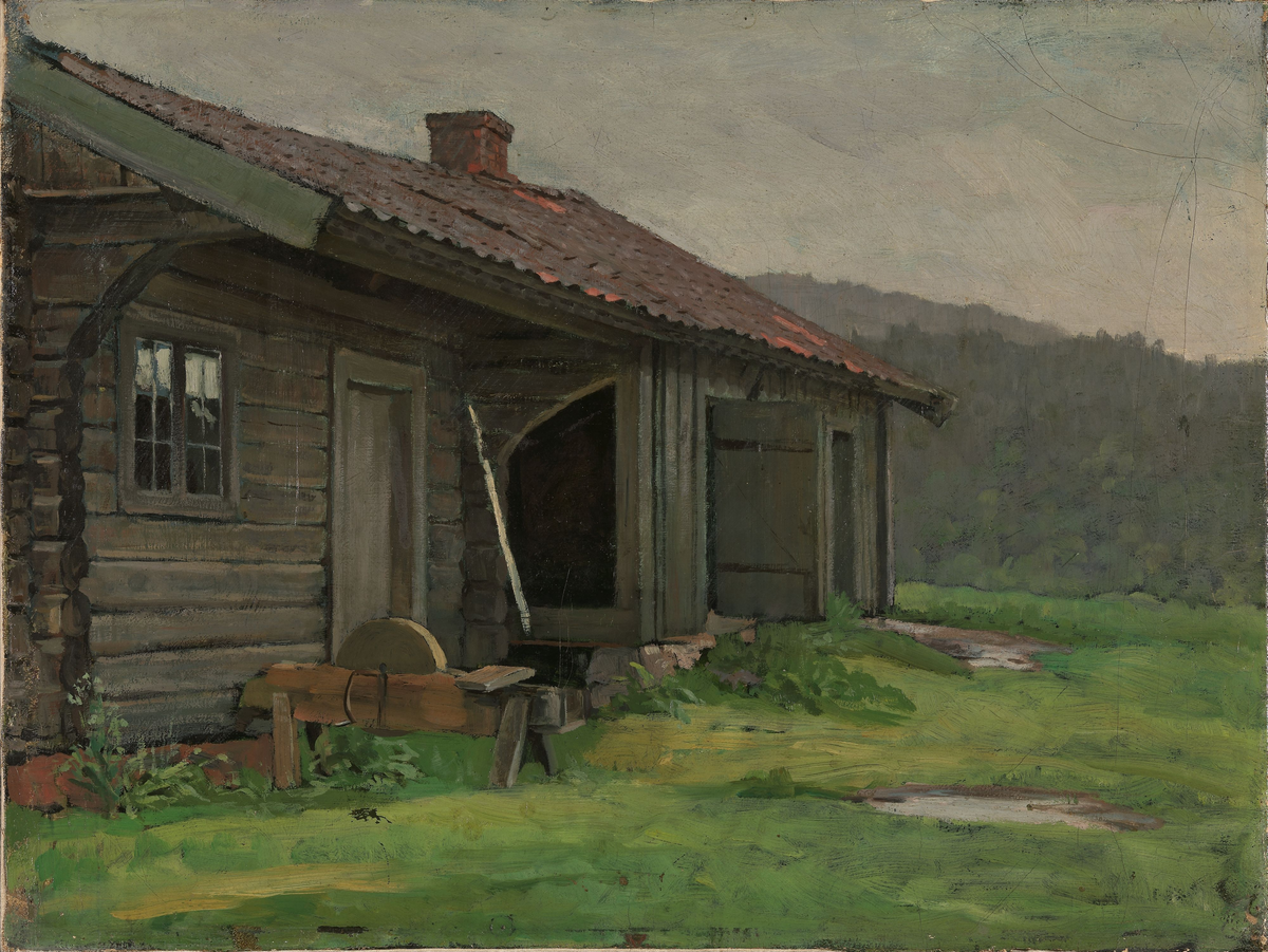 En bondestue i sommerregn [Maleri]