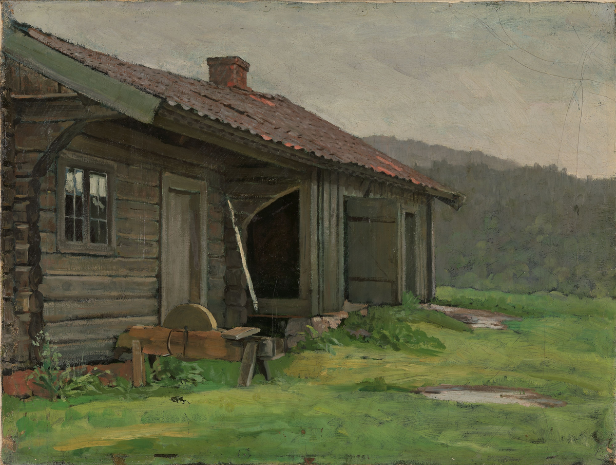 En bondestue i sommerregn [Maleri]