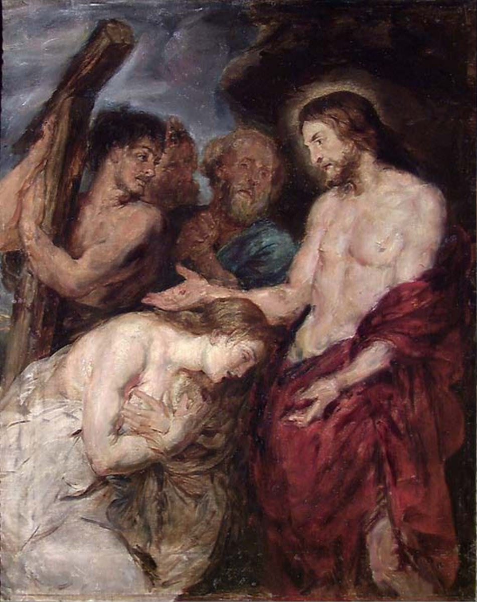 Kristus og den angrende synderinne. Kopi etter Rubens [Maleri]