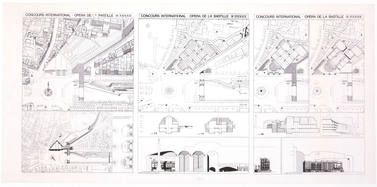 Bastille-operaen. Fasade, fugleperspektiv, plan, situasjonsplan og snitt [Fasadeoppriss]