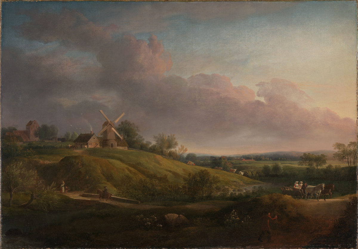 Landskap med kirke og mølle [Maleri]