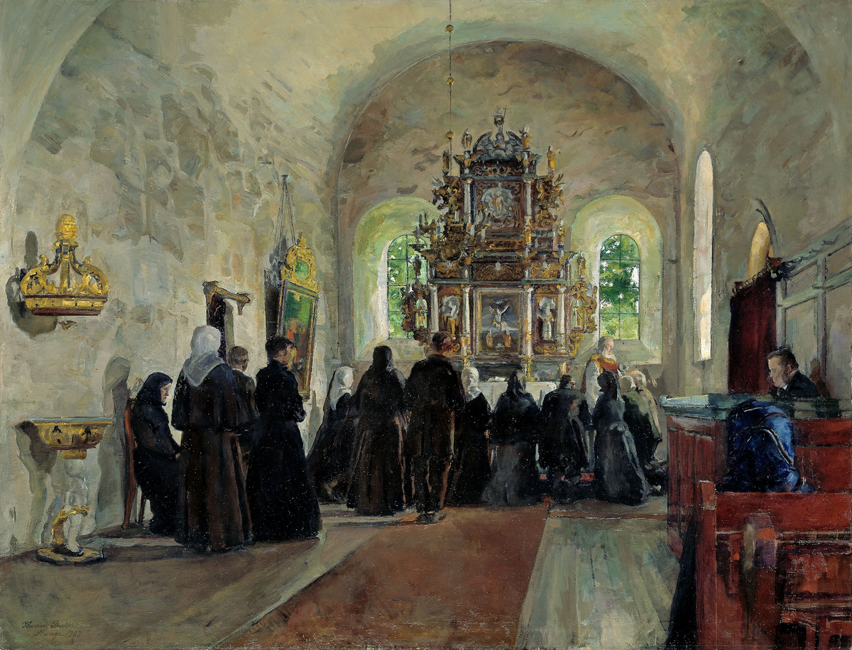 Altergang i Stange kirke [Maleri]