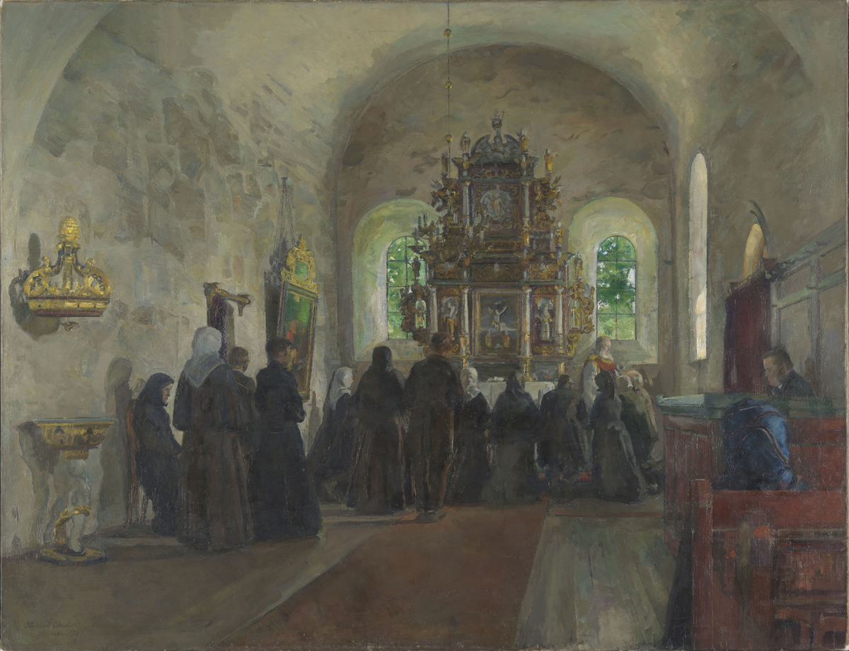 Altergang i Stange kirke [Maleri]