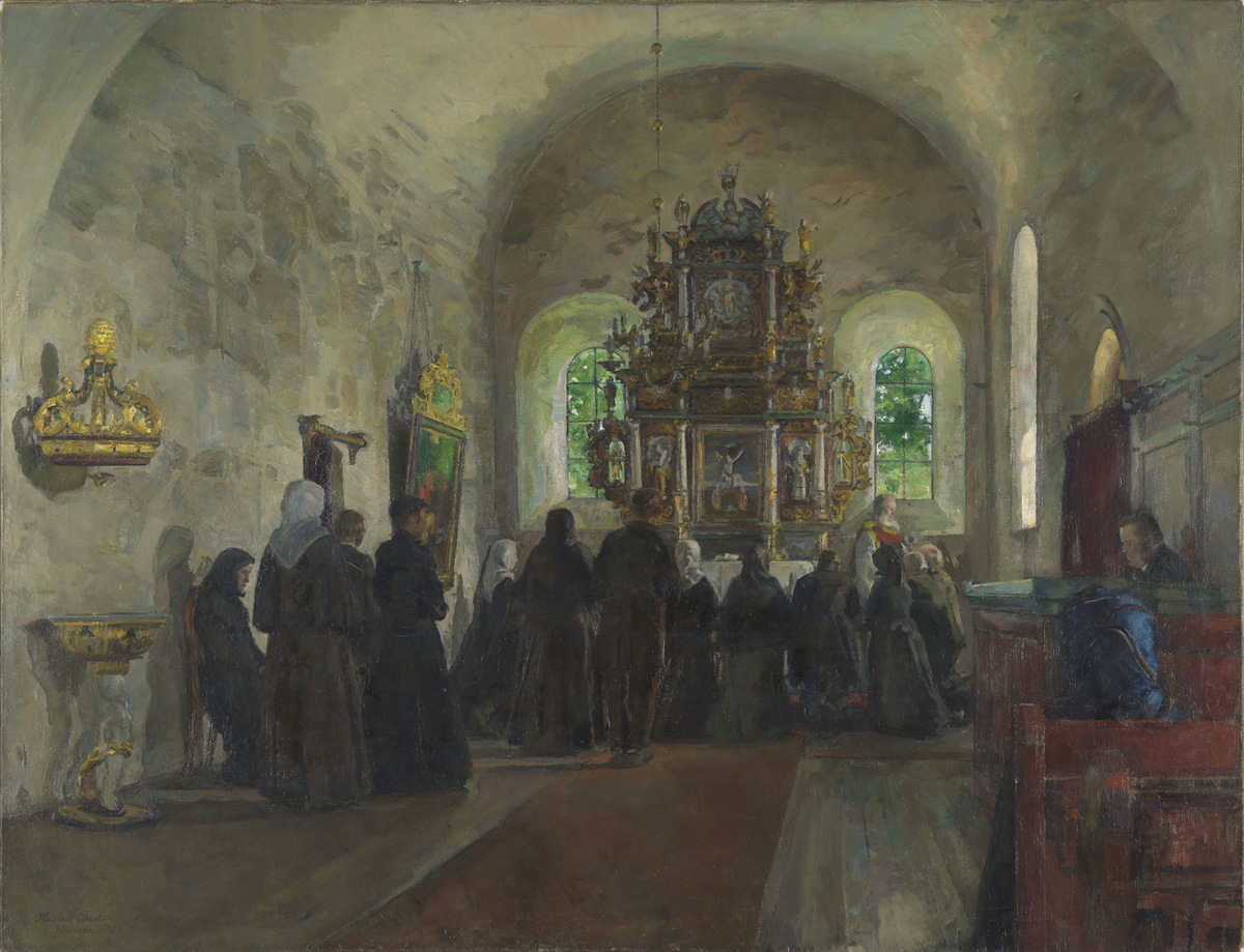 Altergang i Stange kirke [Maleri]