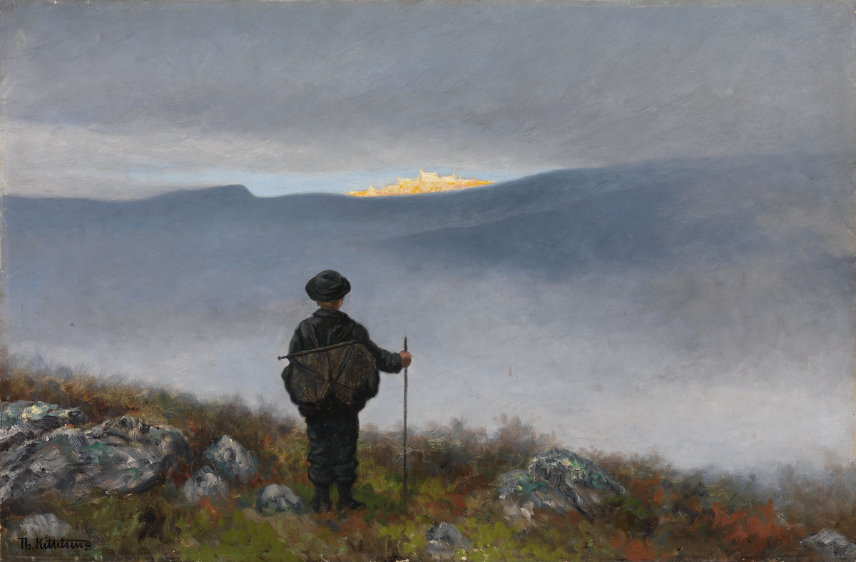 Langt, langt borte så han noe lyse og glitre [Maleri]