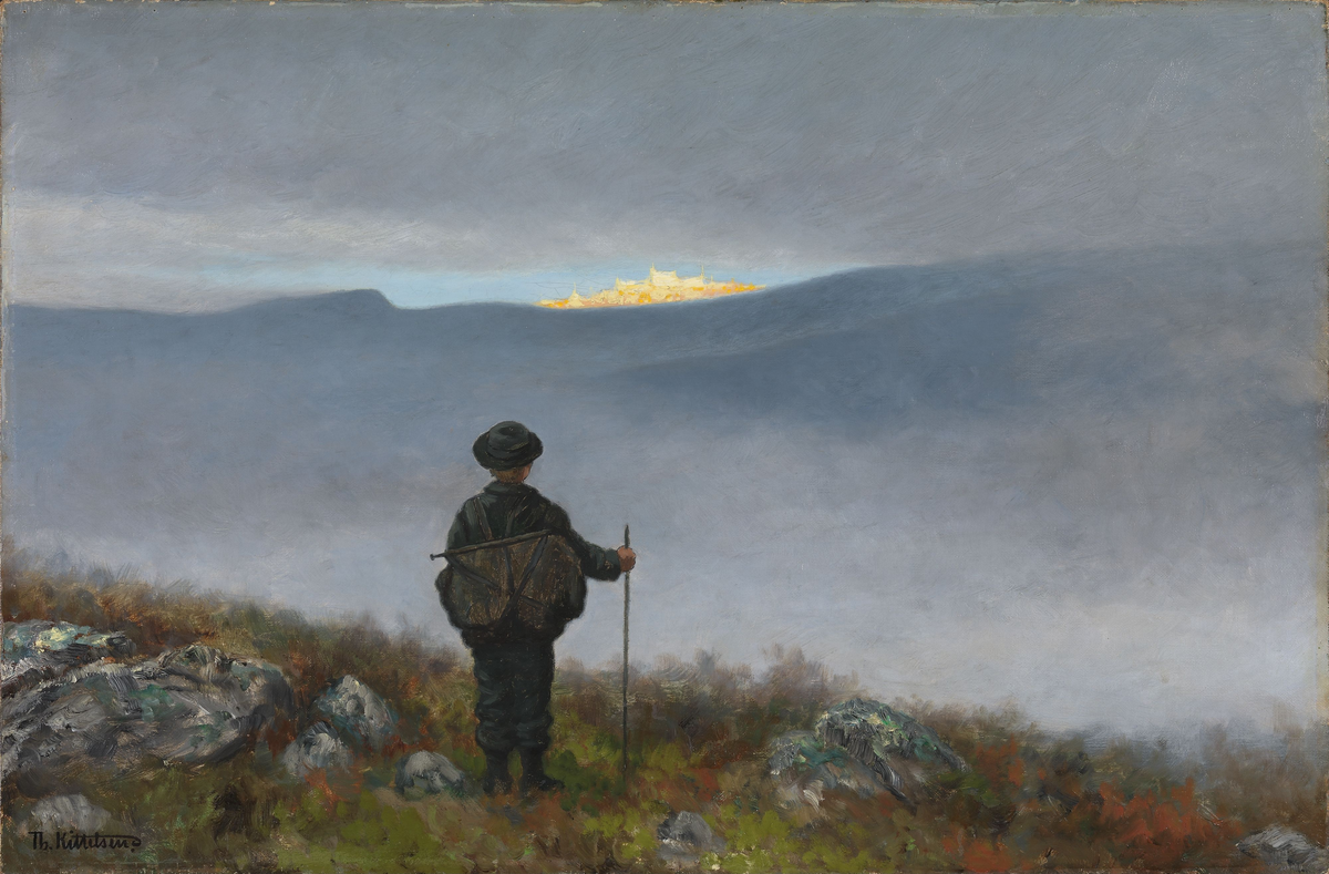Langt, langt borte så han noe lyse og glitre [Maleri]
