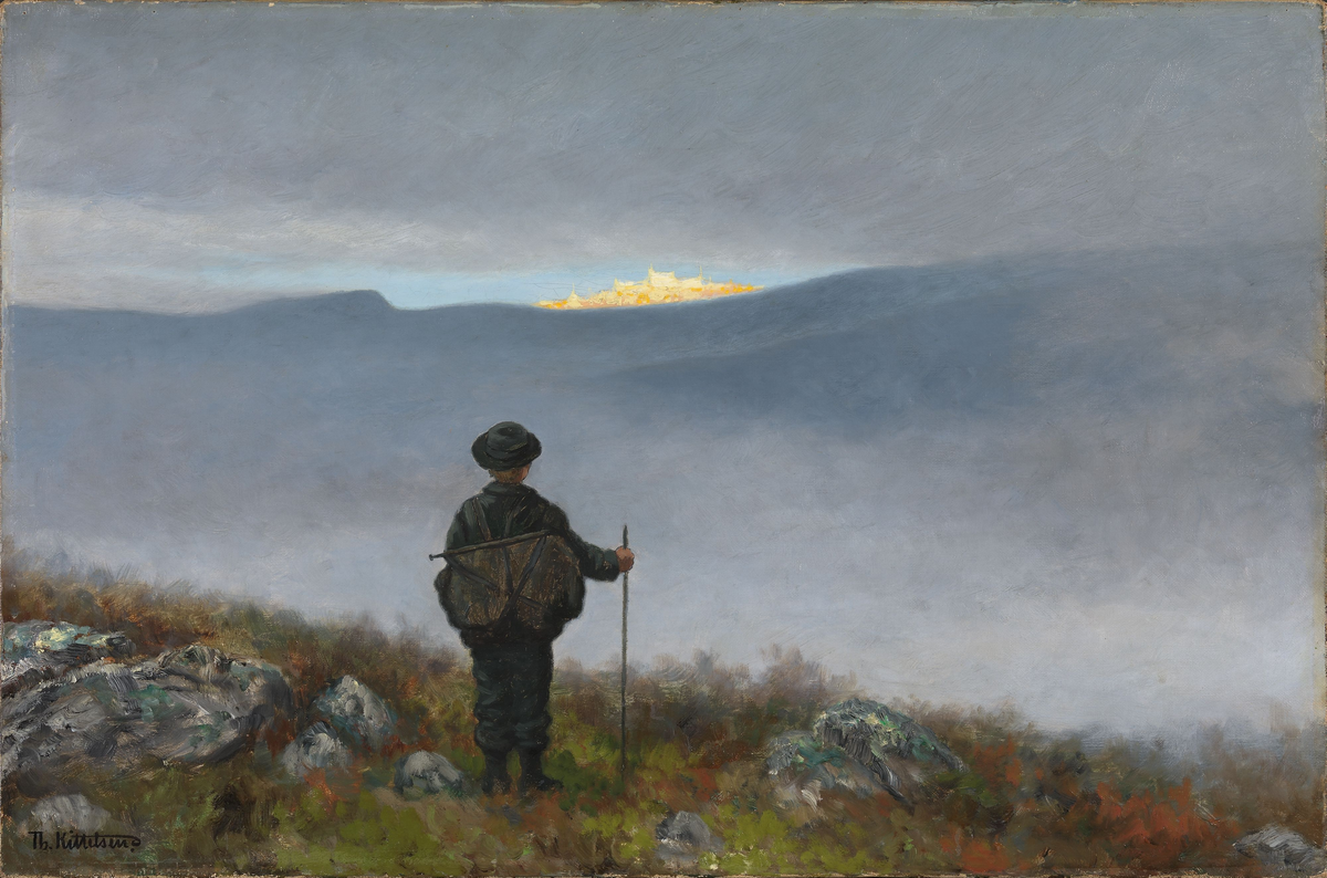 Langt, langt borte så han noe lyse og glitre [Maleri]