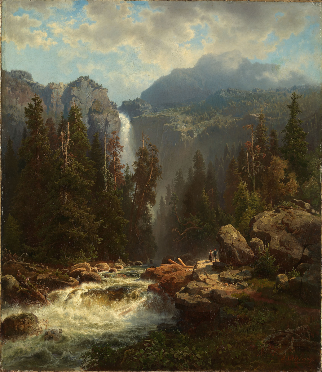 Norsk landskap med foss [Maleri]