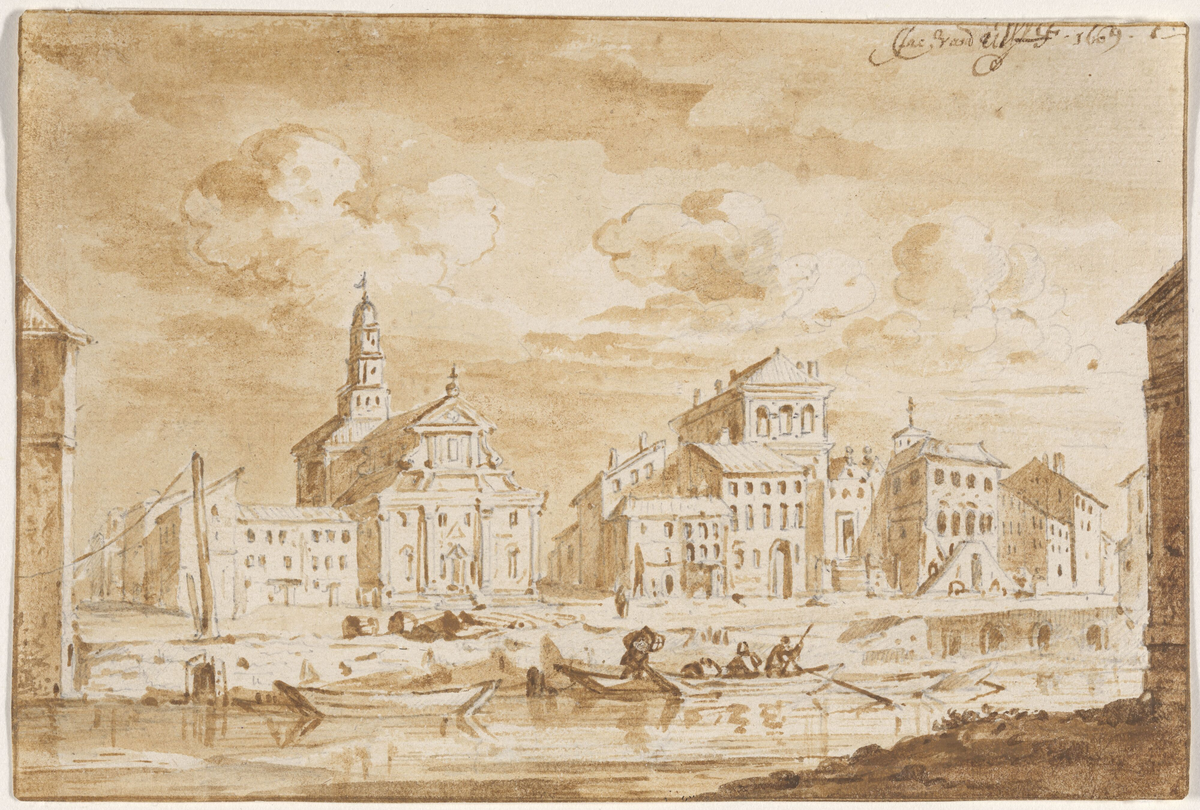 Byprospekt med kanal [Tegning]