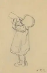 Liten jente med tåteflaske [Tegning]