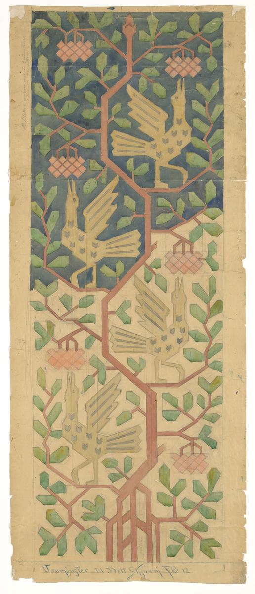 Fugler i tre, vevmønster [Tegning]