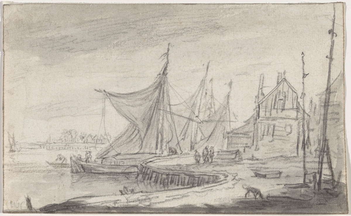 Seilbåter ved brygge [Tegning]