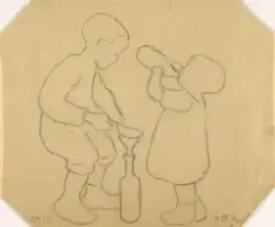 Liten gutt og pike som leker med flasker [Tegning]