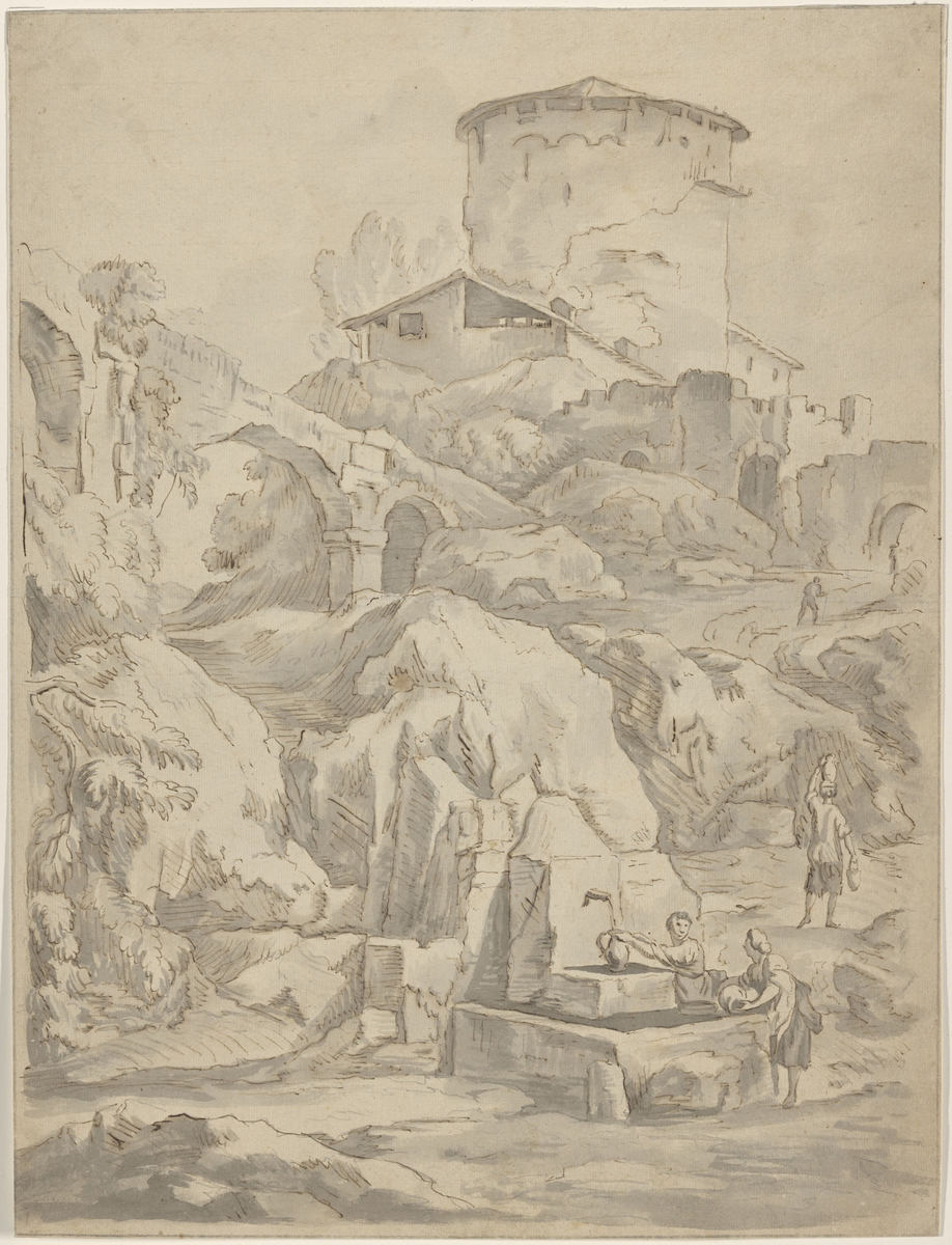 Landskap med fjellandsby og vannkilde [Tegning]