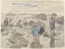 Gutter som fisker krabber i fjæra [Tegning]