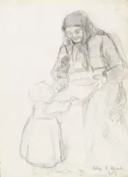 Kvinne som gir mat til barn [Tegning]