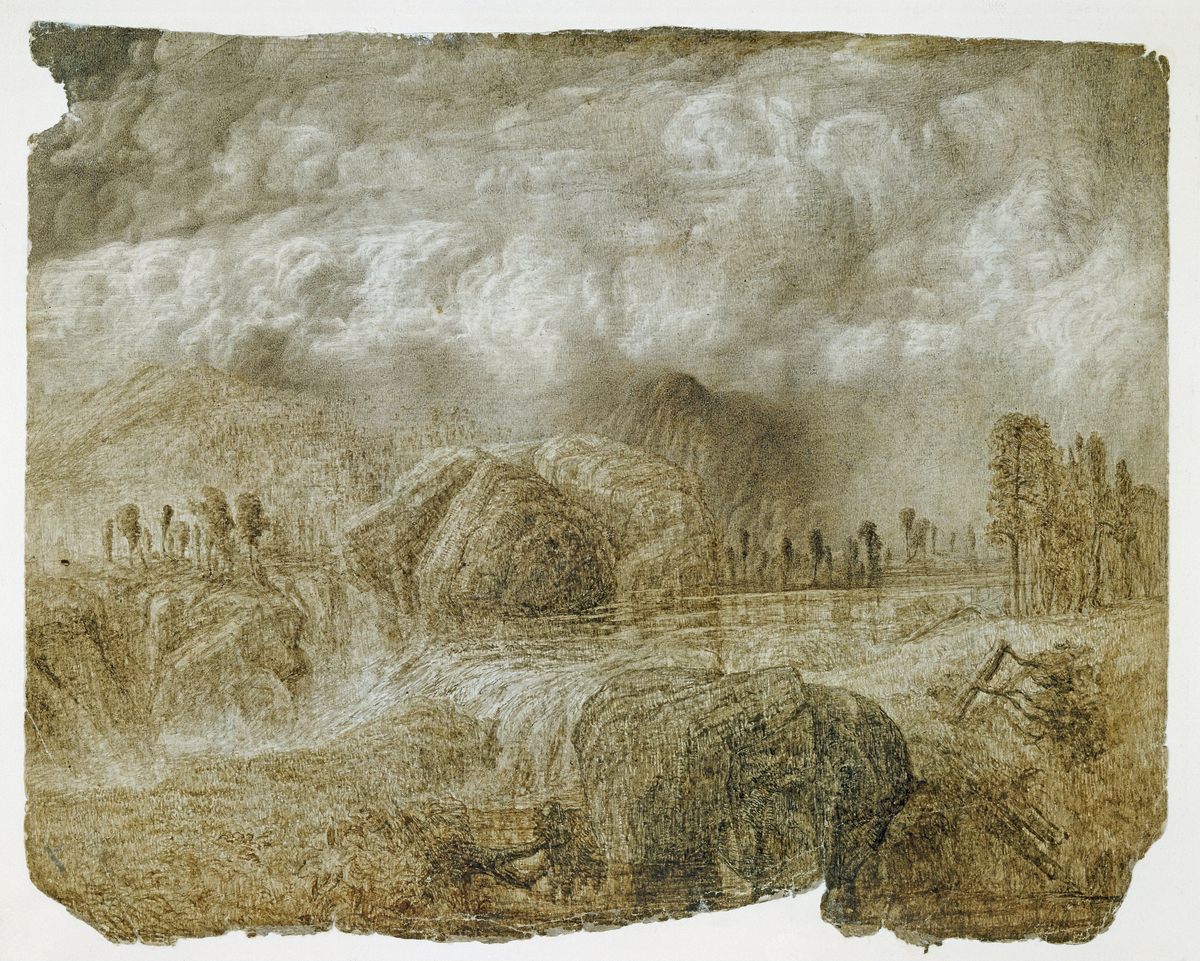 Landskap med foss [Tegning]