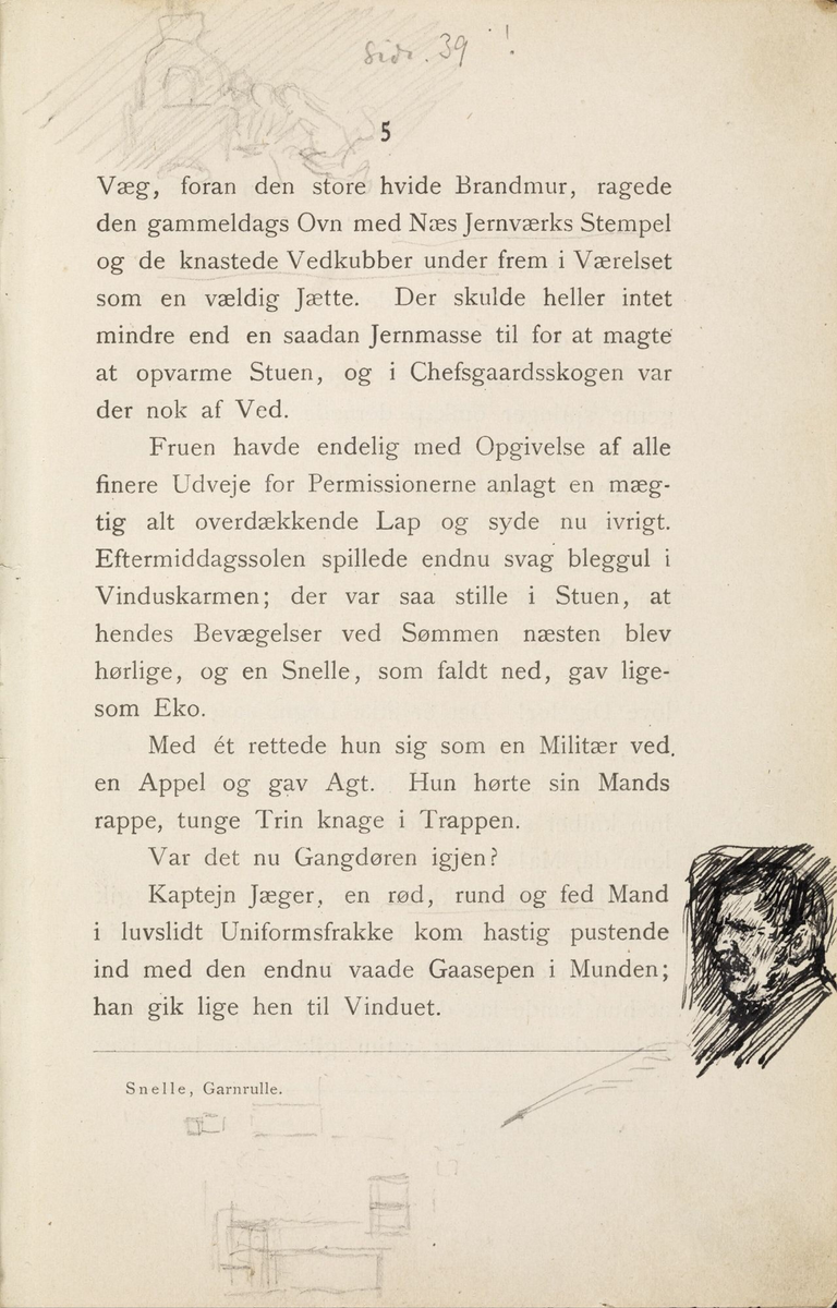 Skisser i Jonas Lies bok "Familien på Gilje" (København 1883) [Tegning]