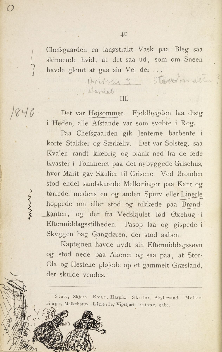 Skisser i Jonas Lies bok "Familien på Gilje" (København 1883) [Tegning]